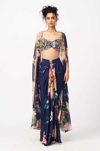 Issa Studio By Chetana & Swathi Jugni Printed Cape & Draped Skirt Set 