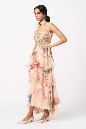 Issa Studio By Chetana & Swathi Peach Organza Sweetheart Neck Lowkya Layered Printed Dress Online at Aza Fashions Issa Studio By Chetana & Swathi_Peach Organza Sweetheart Neck Lowkya Layered Printed Dress _Online_at_Aza_Fashions