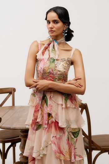 Issa Studio By Chetana & Swathi Peach Organza Sweetheart Neck Lowkya Layered Printed Dress at Aza Fashions Issa Studio By Chetana & Swathi_Peach Organza Sweetheart Neck Lowkya Layered Printed Dress _at_Aza_Fashions