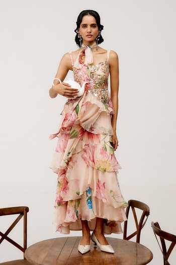 Buy Issa Studio By Chetana & Swathi Peach Organza Sweetheart Neck Lowkya Layered Printed Dress Buy_Issa Studio By Chetana & Swathi_Peach Organza Sweetheart Neck Lowkya Layered Printed Dress