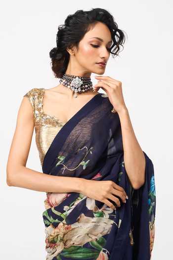 Issa Studio By Chetana & Swathi Blue Organza Sweetheart Neck Mahani Printed Saree With Blouse Online at Aza Fashions Issa Studio By Chetana & Swathi_Blue Organza Sweetheart Neck Mahani Printed Saree With Blouse _Online_at_Aza_Fashions