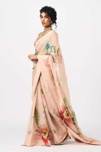 Issa Studio By Chetana & Swathi Peach Organza Round Neck Mansi Printed Saree With Blouse Online at Aza Fashions Issa Studio By Chetana & Swathi_Peach Organza Round Neck Mansi Printed Saree With Blouse _Online_at_Aza_Fashions
