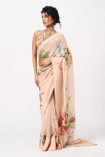 Buy Issa Studio By Chetana & Swathi Peach Organza Round Neck Mansi Printed Saree With Blouse Online at Aza Fashions Buy_Issa Studio By Chetana & Swathi_Peach Organza Round Neck Mansi Printed Saree With Blouse _Online_at_Aza_Fashions