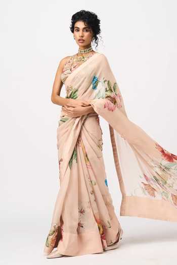 Shop Issa Studio By Chetana & Swathi Peach Organza Round Neck Mansi Printed Saree With Blouse Online at Aza Fashions Shop_Issa Studio By Chetana & Swathi_Peach Organza Round Neck Mansi Printed Saree With Blouse _Online_at_Aza_Fashions