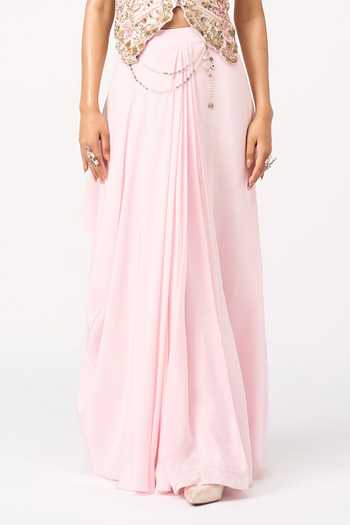 Issa Studio By Chetana & Swathi_Pink Crepe V-neck Minya Embroidered Top And Draped Skirt Set _Online_at_Aza_Fashions