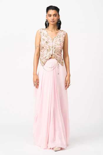 Issa Studio By Chetana & Swathi Minya Embroidered Top & Draped Skirt Set 