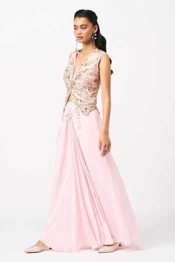 Buy_Issa Studio By Chetana & Swathi_Pink Crepe V-neck Minya Embroidered Top And Draped Skirt Set _Online_at_Aza_Fashions