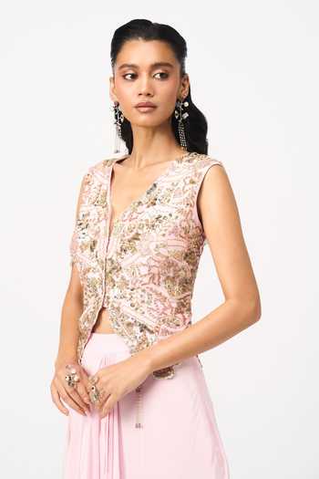 Shop_Issa Studio By Chetana & Swathi_Pink Crepe V-neck Minya Embroidered Top And Draped Skirt Set _Online_at_Aza_Fashions