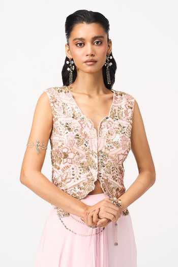 Issa Studio By Chetana & Swathi_Pink Crepe V-neck Minya Embroidered Top And Draped Skirt Set _at_Aza_Fashions