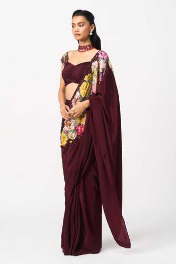 Issa Studio By Chetana & Swathi Wine Crepe, Organza Sweetheart Neck Nahiraa Printed Pre-draped Saree With Blouse Online at Aza Fashions Issa Studio By Chetana & Swathi_Wine Crepe, Organza Sweetheart Neck Nahiraa Printed Pre-draped Saree With Blouse _Online_at_Aza_Fashions