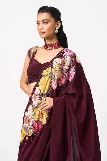 Buy Issa Studio By Chetana & Swathi Wine Crepe, Organza Sweetheart Neck Nahiraa Printed Pre-draped Saree With Blouse Online at Aza Fashions Buy_Issa Studio By Chetana & Swathi_Wine Crepe, Organza Sweetheart Neck Nahiraa Printed Pre-draped Saree With Blouse _Online_at_Aza_Fashions