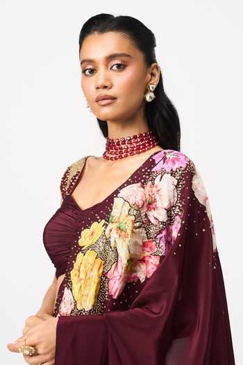 Shop Issa Studio By Chetana & Swathi Wine Crepe, Organza Sweetheart Neck Nahiraa Printed Pre-draped Saree With Blouse Online at Aza Fashions Shop_Issa Studio By Chetana & Swathi_Wine Crepe, Organza Sweetheart Neck Nahiraa Printed Pre-draped Saree With Blouse _Online_at_Aza_Fashions