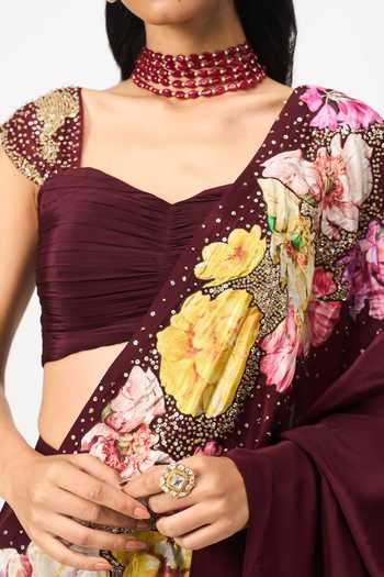 Issa Studio By Chetana & Swathi Wine Crepe, Organza Sweetheart Neck Nahiraa Printed Pre-draped Saree With Blouse at Aza Fashions Issa Studio By Chetana & Swathi_Wine Crepe, Organza Sweetheart Neck Nahiraa Printed Pre-draped Saree With Blouse _at_Aza_Fashions