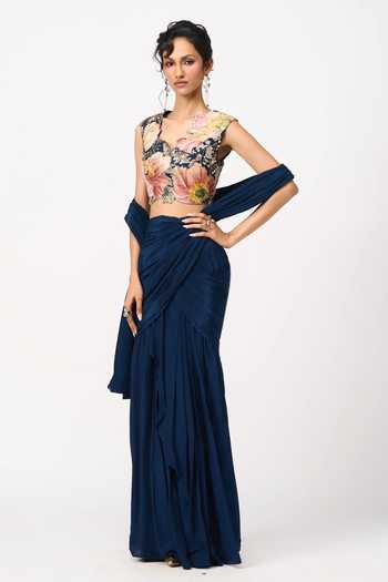 Issa Studio By Chetana & Swathi_Blue Crepe, Organza Sweetheart Nalani Pre-draped Saree With Embroidered Blouse _Online_at_Aza_Fashions