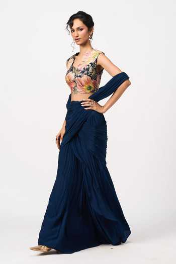 Buy_Issa Studio By Chetana & Swathi_Blue Crepe, Organza Sweetheart Nalani Pre-draped Saree With Embroidered Blouse _Online_at_Aza_Fashions