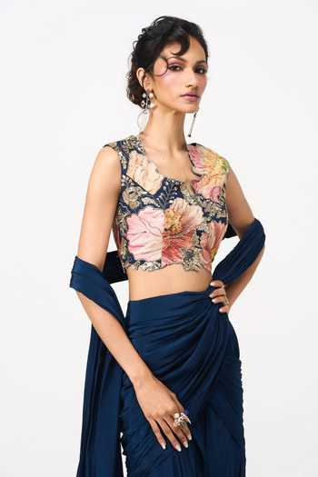 Shop_Issa Studio By Chetana & Swathi_Blue Crepe, Organza Sweetheart Nalani Pre-draped Saree With Embroidered Blouse _Online_at_Aza_Fashions