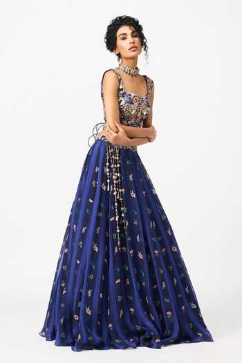Issa Studio By Chetana & Swathi Blue Organza Square Neck Neeha Printed Lehenga And Embroidered Blouse Set Online at Aza Fashions Issa Studio By Chetana & Swathi_Blue Organza Square Neck Neeha Printed Lehenga And Embroidered Blouse Set _Online_at_Aza_Fashions