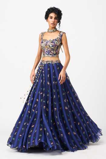 Shop Issa Studio By Chetana & Swathi Blue Organza Square Neck Neeha Printed Lehenga And Embroidered Blouse Set Online at Aza Fashions Shop_Issa Studio By Chetana & Swathi_Blue Organza Square Neck Neeha Printed Lehenga And Embroidered Blouse Set _Online_at_Aza_Fashions