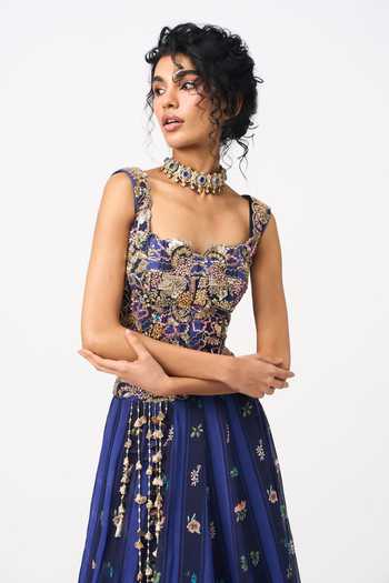 Issa Studio By Chetana & Swathi Blue Organza Square Neck Neeha Printed Lehenga And Embroidered Blouse Set at Aza Fashions Issa Studio By Chetana & Swathi_Blue Organza Square Neck Neeha Printed Lehenga And Embroidered Blouse Set _at_Aza_Fashions