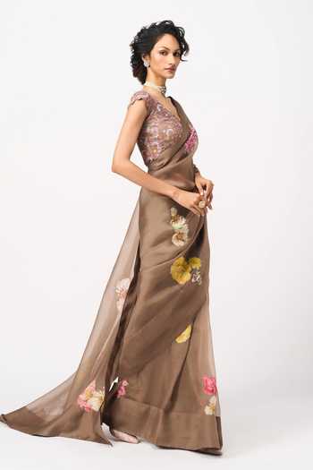 Issa Studio By Chetana & Swathi Brown Organza Sweetheart Neck Paru Printed Saree With Blouse Online at Aza Fashions Issa Studio By Chetana & Swathi_Brown Organza Sweetheart Neck Paru Printed Saree With Blouse _Online_at_Aza_Fashions