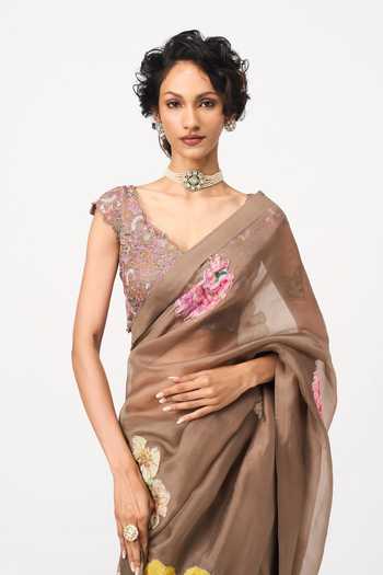 Buy Issa Studio By Chetana & Swathi Brown Organza Sweetheart Neck Paru Printed Saree With Blouse Online at Aza Fashions Buy_Issa Studio By Chetana & Swathi_Brown Organza Sweetheart Neck Paru Printed Saree With Blouse _Online_at_Aza_Fashions