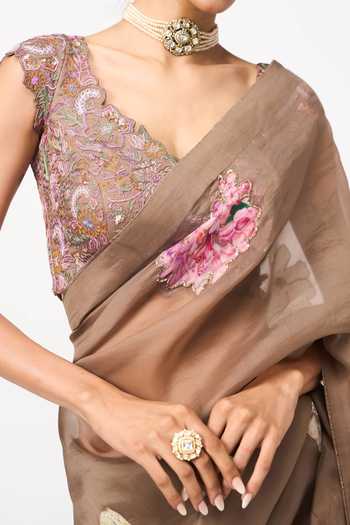 Shop Issa Studio By Chetana & Swathi Brown Organza Sweetheart Neck Paru Printed Saree With Blouse Online at Aza Fashions Shop_Issa Studio By Chetana & Swathi_Brown Organza Sweetheart Neck Paru Printed Saree With Blouse _Online_at_Aza_Fashions