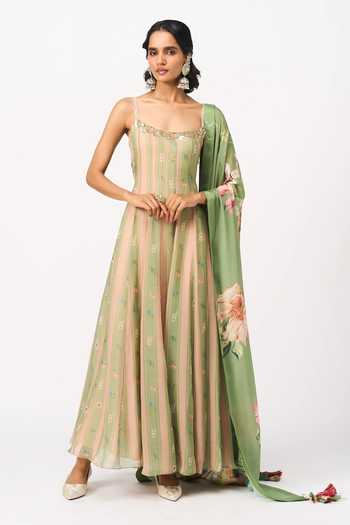 Issa Studio By Chetana & Swathi Riha Striped Anarkali With Floral Dupatta 
