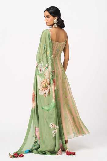 Issa Studio By Chetana & Swathi Riha Striped Anarkali With Floral Dupatta 