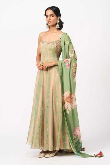 Issa Studio By Chetana & Swathi Green Organza, Chiffon Square Neck Riha Striped Anarkali With Floral Dupatta Online at Aza Fashions Issa Studio By Chetana & Swathi_Green Organza, Chiffon Square Neck Riha Striped Anarkali With Floral Dupatta _Online_at_Aza_Fashions