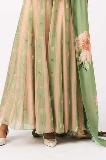 Shop Issa Studio By Chetana & Swathi Green Organza, Chiffon Square Neck Riha Striped Anarkali With Floral Dupatta Online at Aza Fashions Shop_Issa Studio By Chetana & Swathi_Green Organza, Chiffon Square Neck Riha Striped Anarkali With Floral Dupatta _Online_at_Aza_Fashions