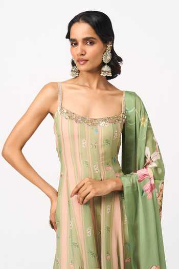 Issa Studio By Chetana & Swathi Green Organza, Chiffon Square Neck Riha Striped Anarkali With Floral Dupatta at Aza Fashions Issa Studio By Chetana & Swathi_Green Organza, Chiffon Square Neck Riha Striped Anarkali With Floral Dupatta _at_Aza_Fashions