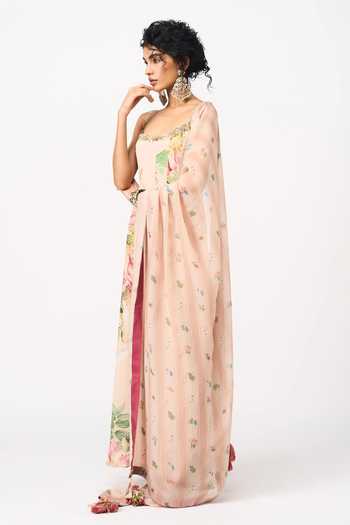 Issa Studio By Chetana & Swathi Peach Chiffon, Organza Square Neck Shanvi Printed Anarkali With Dupatta Online at Aza Fashions Issa Studio By Chetana & Swathi_Peach Chiffon, Organza Square Neck Shanvi Printed Anarkali With Dupatta _Online_at_Aza_Fashions