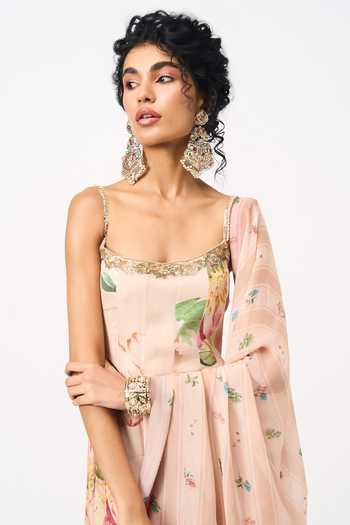 Issa Studio By Chetana & Swathi Peach Chiffon, Organza Square Neck Shanvi Printed Anarkali With Dupatta at Aza Fashions Issa Studio By Chetana & Swathi_Peach Chiffon, Organza Square Neck Shanvi Printed Anarkali With Dupatta _at_Aza_Fashions