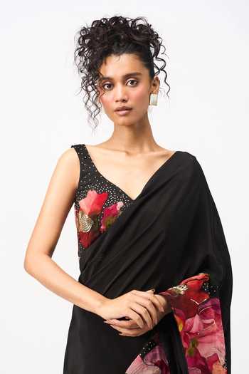 Buy Issa Studio By Chetana & Swathi Black Organza V-neck Shia Printed Saree With Blouse Online at Aza Fashions Buy_Issa Studio By Chetana & Swathi_Black Organza V-neck Shia Printed Saree With Blouse _Online_at_Aza_Fashions