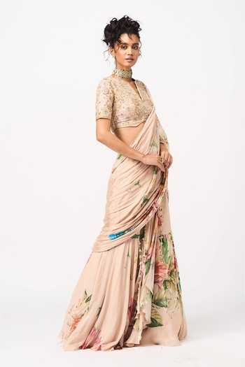 Issa Studio By Chetana & Swathi_Peach Chiffon V-neck Tamaya Printed Pre-draped Saree With Blouse _Online_at_Aza_Fashions
