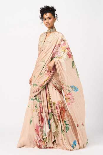 Buy_Issa Studio By Chetana & Swathi_Peach Chiffon V-neck Tamaya Printed Pre-draped Saree With Blouse _Online_at_Aza_Fashions
