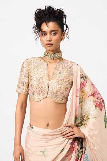 Shop_Issa Studio By Chetana & Swathi_Peach Chiffon V-neck Tamaya Printed Pre-draped Saree With Blouse _Online_at_Aza_Fashions
