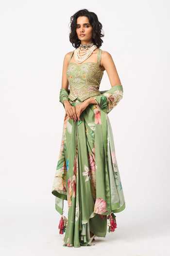 Issa Studio By Chetana & Swathi Green Chiffon Sweetheart Neck Tejal Printed Draped Skirt Set Online at Aza Fashions Issa Studio By Chetana & Swathi_Green Chiffon Sweetheart Neck Tejal Printed Draped Skirt Set _Online_at_Aza_Fashions