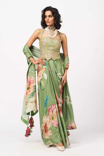 Buy Issa Studio By Chetana & Swathi Green Chiffon Sweetheart Neck Tejal Printed Draped Skirt Set Online at Aza Fashions Buy_Issa Studio By Chetana & Swathi_Green Chiffon Sweetheart Neck Tejal Printed Draped Skirt Set _Online_at_Aza_Fashions