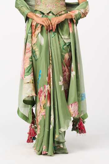 Shop Issa Studio By Chetana & Swathi Green Chiffon Sweetheart Neck Tejal Printed Draped Skirt Set Online at Aza Fashions Shop_Issa Studio By Chetana & Swathi_Green Chiffon Sweetheart Neck Tejal Printed Draped Skirt Set _Online_at_Aza_Fashions