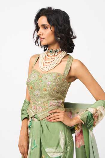 Issa Studio By Chetana & Swathi Green Chiffon Sweetheart Neck Tejal Printed Draped Skirt Set at Aza Fashions Issa Studio By Chetana & Swathi_Green Chiffon Sweetheart Neck Tejal Printed Draped Skirt Set _at_Aza_Fashions