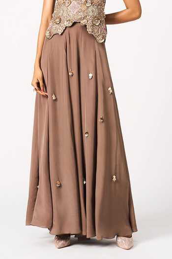Issa Studio By Chetana & Swathi Brown Crepe V-neck Traya Tassel Skirt And Embroidered Top Set Online at Aza Fashions Issa Studio By Chetana & Swathi_Brown Crepe V-neck Traya Tassel Skirt And Embroidered Top Set _Online_at_Aza_Fashions