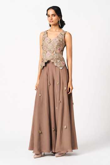 Buy Issa Studio By Chetana & Swathi Brown Crepe V-neck Traya Tassel Skirt And Embroidered Top Set Online at Aza Fashions Buy_Issa Studio By Chetana & Swathi_Brown Crepe V-neck Traya Tassel Skirt And Embroidered Top Set _Online_at_Aza_Fashions