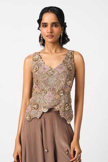 Shop Issa Studio By Chetana & Swathi Brown Crepe V-neck Traya Tassel Skirt And Embroidered Top Set Online at Aza Fashions Shop_Issa Studio By Chetana & Swathi_Brown Crepe V-neck Traya Tassel Skirt And Embroidered Top Set _Online_at_Aza_Fashions
