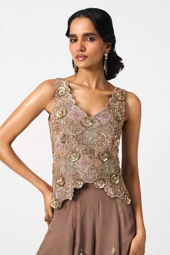 Issa Studio By Chetana & Swathi Brown Crepe V-neck Traya Tassel Skirt And Embroidered Top Set at Aza Fashions Issa Studio By Chetana & Swathi_Brown Crepe V-neck Traya Tassel Skirt And Embroidered Top Set _at_Aza_Fashions