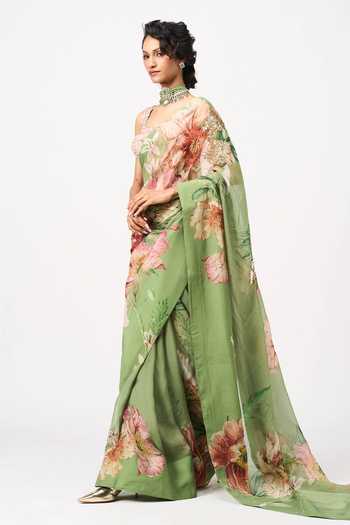Issa Studio By Chetana & Swathi_Green Organza Square Neck Vilina Printed Saree With Blouse _Online_at_Aza_Fashions