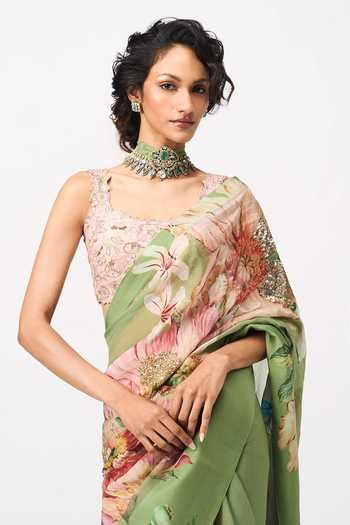 Buy_Issa Studio By Chetana & Swathi_Green Organza Square Neck Vilina Printed Saree With Blouse _Online_at_Aza_Fashions