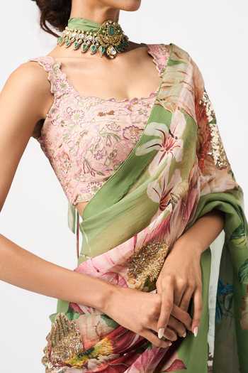 Shop_Issa Studio By Chetana & Swathi_Green Organza Square Neck Vilina Printed Saree With Blouse _Online_at_Aza_Fashions