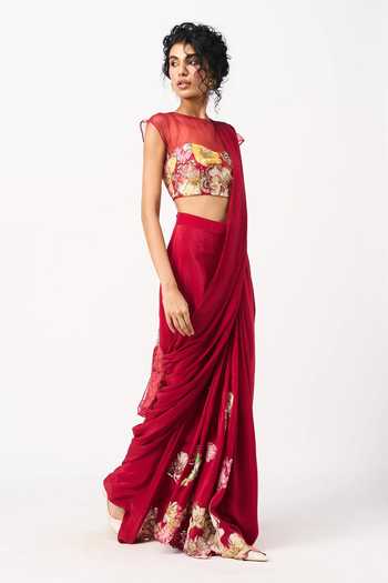 Issa Studio By Chetana & Swathi_Red Crepe, Organza Round Neck Vinona Printed Pre-draped Saree With Blouse _Online_at_Aza_Fashions