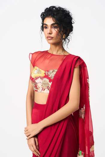 Buy_Issa Studio By Chetana & Swathi_Red Crepe, Organza Round Neck Vinona Printed Pre-draped Saree With Blouse _Online_at_Aza_Fashions